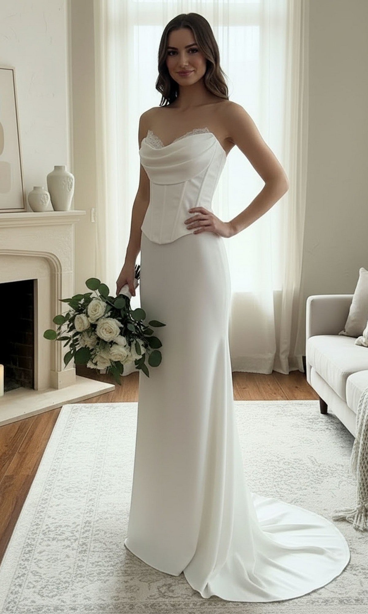 A woman wearing the Amelia Couture 6137 long prom dress with a strapless corset bodice holds a bouquet of white flowers in a bright, elegant living room.